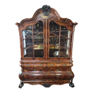 18th Century Antique Dutch Bombe Baroque Rococo Vitrine China Cabinet Walnut Grand Size