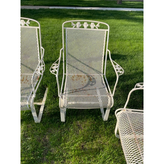 Set of 4 Wrought Iron Cantilever Rocker Garden Patio Chairs Dogwood, Attributed For Sale - Image 4 of 10