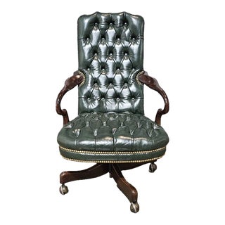 Mid 20th Century Hickory Chair Tufted Green Leather Swivel Office Chair with Nailhead Trim For Sale