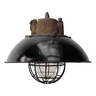 Vintage Industrial Factory Pendant Light in Black Enamel and Cast Iron For Sale