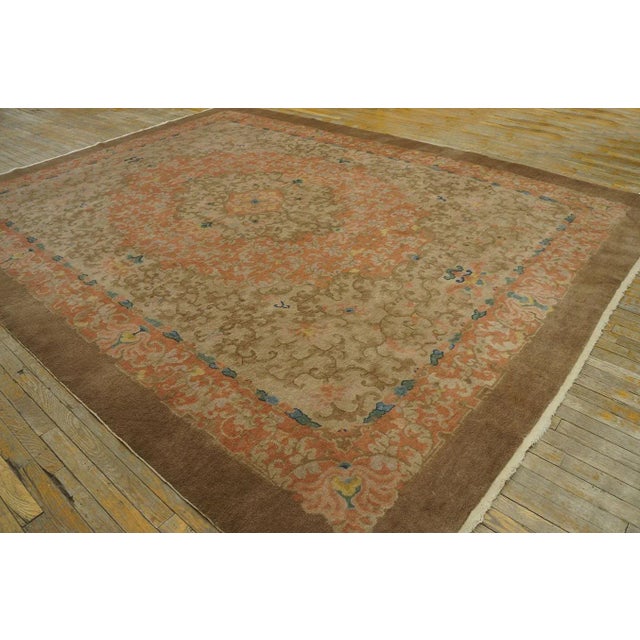 1920s 1920s Tan Sand Floral Ming Antique Chinese Art Deco Rug 9' 0''x11' 9'' Handwoven Wool Carpet For Sale - Image 5 of 12