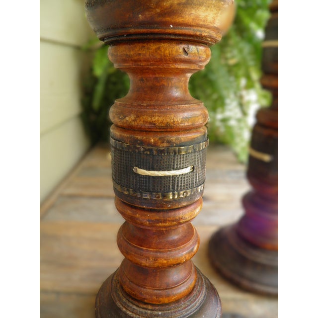 VTG Wooden Pillar Candle Holders Dark Brown Turned Wood Spindle Set of 2 Pair of Spanish Colonial wooden pillar candle...