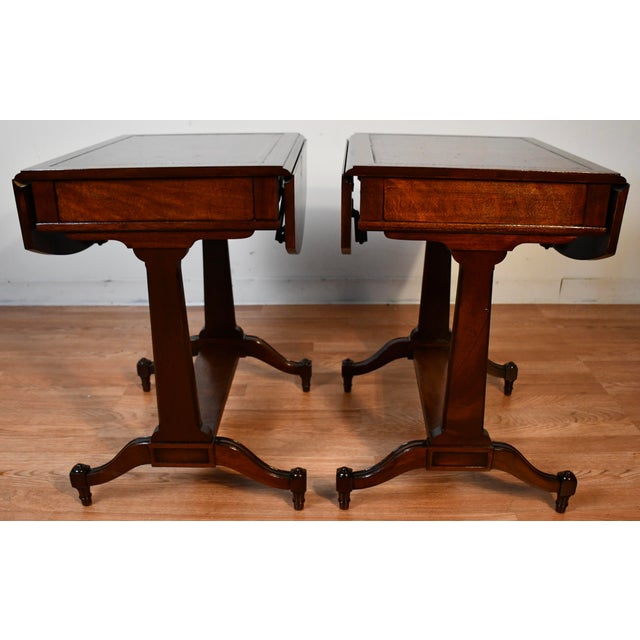 1930s Weiman Regency Mahogany & Leather Top Drop-Leaf Pembroke Side / End Tables For Sale - Image 6 of 12