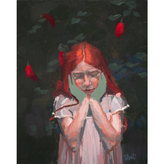 Girl with Peppers by Shelli Langdale | Oil on gallery panel Girl with red hair holding her face. For Sale