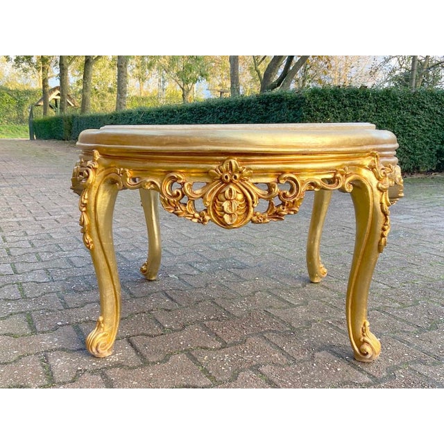 Vintage 1960s French Louis XVI Gilded Beech Coffee Table With Beige Marble Top For Sale - Image 4 of 12