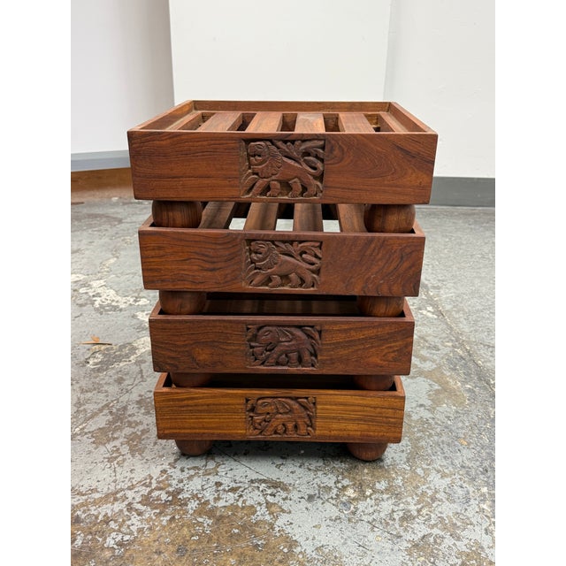 Design Plus Gallery presents a Set of Four Vintage Carved Wood Slatted Platform Stands. Each stand has an open-slat top,...