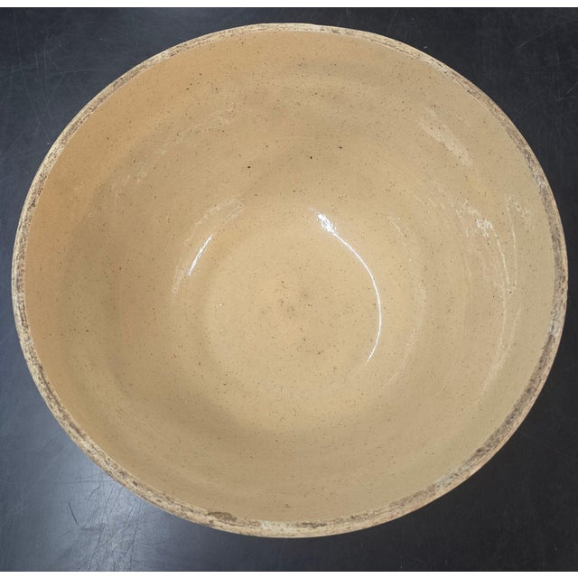 Farmhouse Large 14 Inch Antique American Yellowware Master Mixing Bowl With Brown Bands For Sale - Image 3 of 9