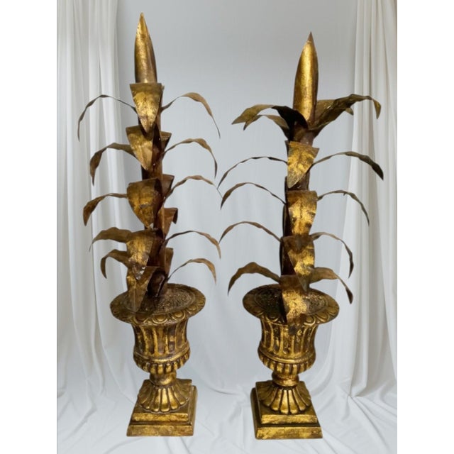 Gold Vintage Massive Gold Gilt Metal Tole Chelsea House Style Potted Palm Tree Urn Room Decor- a Pair For Sale - Image 8 of 8