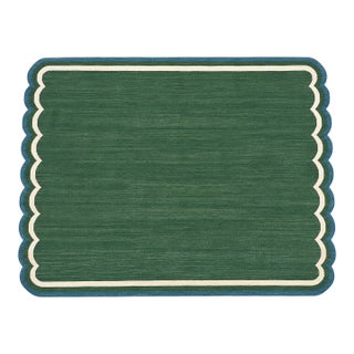 Handmade Cotton Flat Weave Area Rug, Forest Green and Teal Blue Scalloped Dhurrie - 8'x10' For Sale