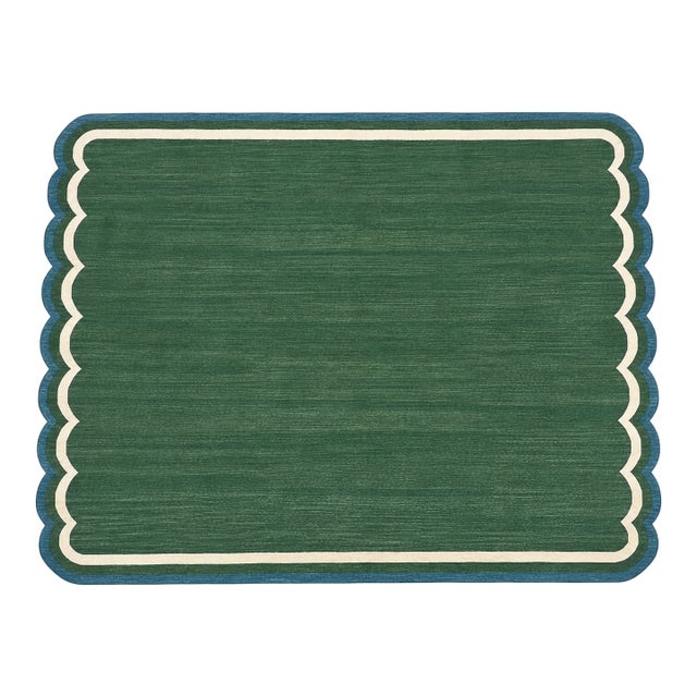 Handmade Cotton Flat Weave Area Rug, Forest Green and Teal Blue Scalloped Dhurrie - 8'x10' For Sale