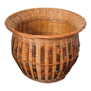 Vintage Wicker Planter Basket With Burnt Bamboo Ribs For Sale