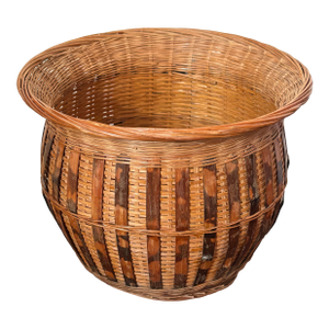 Vintage Wicker Planter Basket With Burnt Bamboo Ribs