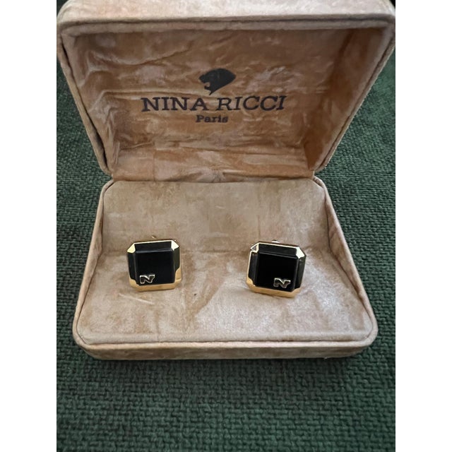 Rare Vintage Nina Ricci Gold & Black Cufflinks Logo Circa "1980" Original Case For Sale - Image 17 of 18