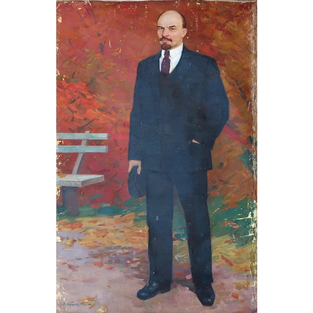 Lenin Portrait Antique Oil Painting, Soviet Socialist Realism Art 200-130 For Sale