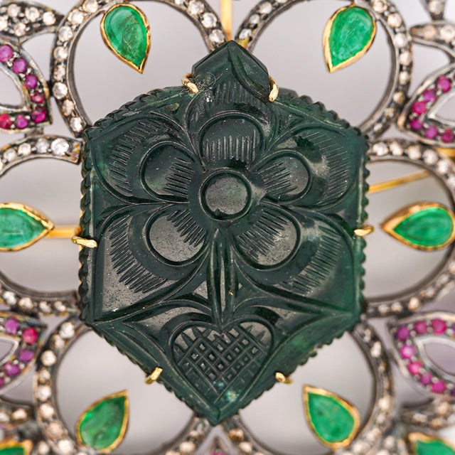 Late 19th Century Antique Victorian Carved Jade, Emerald, Ruby, Diamond Gold Pendant or Brooch For Sale - Image 5 of 6
