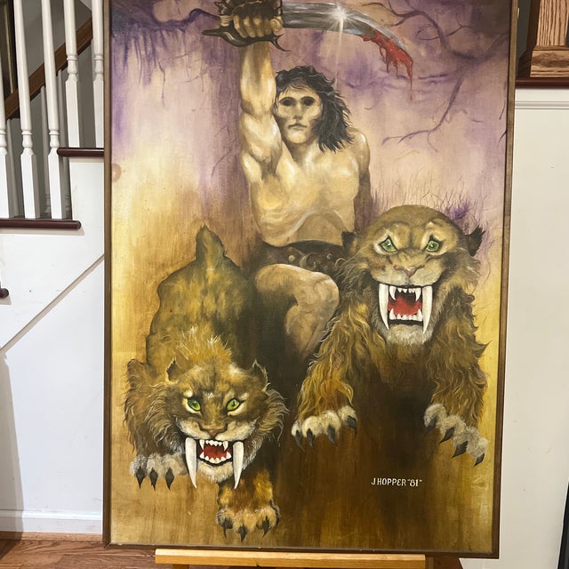 Oil on Canvas Framed Signed by American Artist Joy Hopper Titled “The Conqueror”made in 1981 in Style of Frank Frazetta