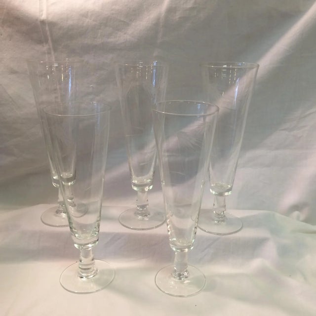 Set of 5 Sasaki etched glass "Wheat" Mid-Century Modern footed Pilsner Glassware by Noritake.