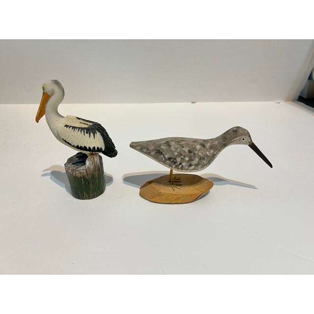 Vintage Folk Art Hand-Carved Wood Shorebird & Pelican Sculptures - Pair For Sale - Image 4 of 6