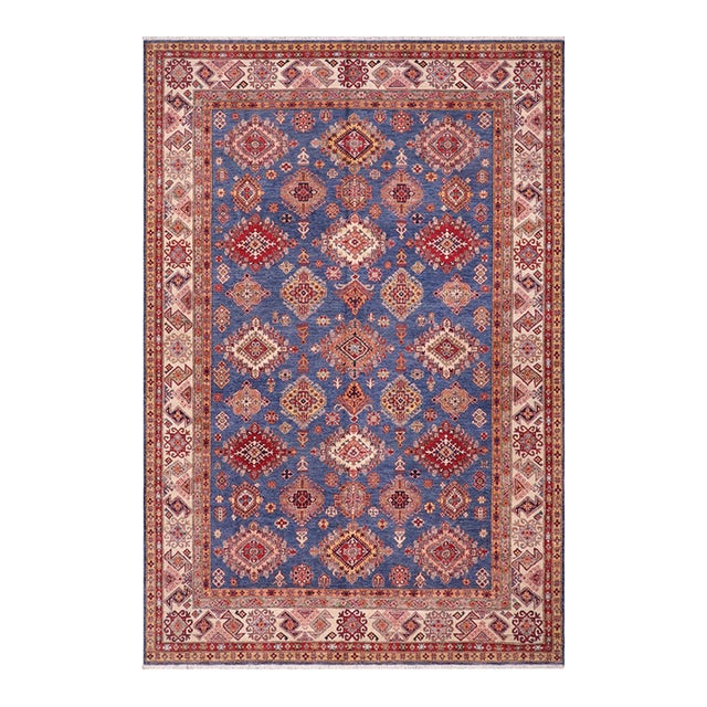 Rustic Super Kazak Blue/Ivory Wool Rug - 8'8'' X 12'2'' For Sale