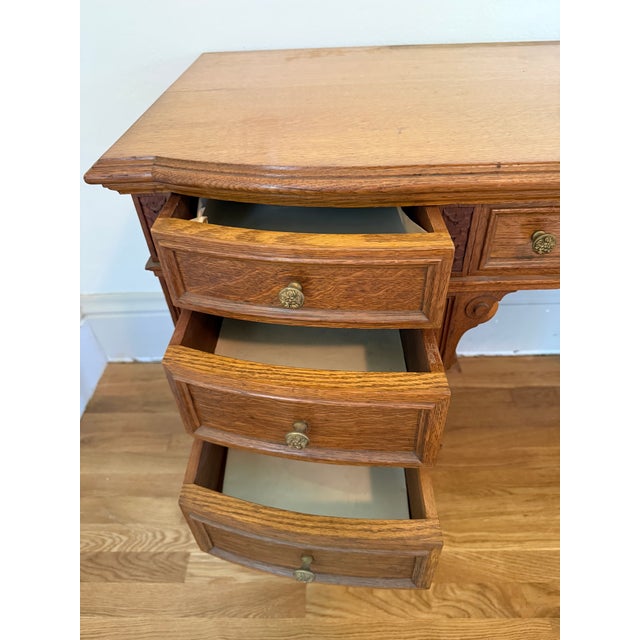 1960s Vintage Edwardian-Style Oak Pedestal Desk With Casters For Sale - Image 5 of 10