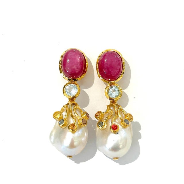 Early 21st Century Bochic "Orient" Ruby, Topaz & Multi Fancy Sapphire Earrings 18K Gold & Silver For Sale - Image 5 of 6
