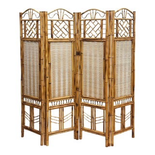 Vintage Bamboo Chippendale Style Four Panel Screen Room Divider For Sale