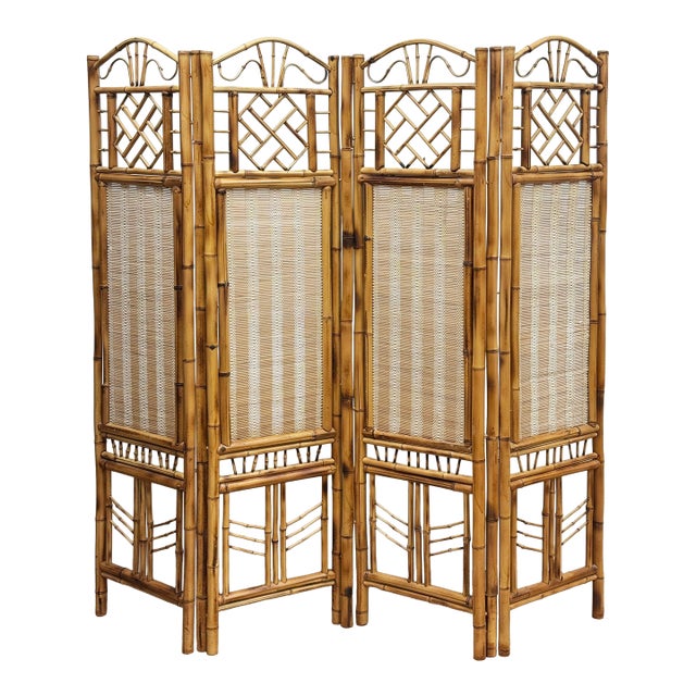 Vintage Bamboo Chippendale Style Four Panel Screen Room Divider For Sale
