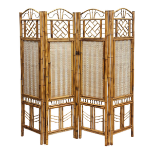 Vintage Bamboo Chippendale Style Four Panel Screen Room Divider