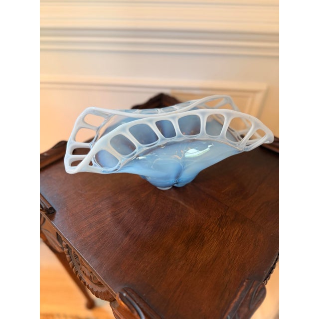 Mid-Century Modern Vintage Murano Style Blue Opaline Art Glass Openwork Centerpiece Bowl For Sale - Image 3 of 6