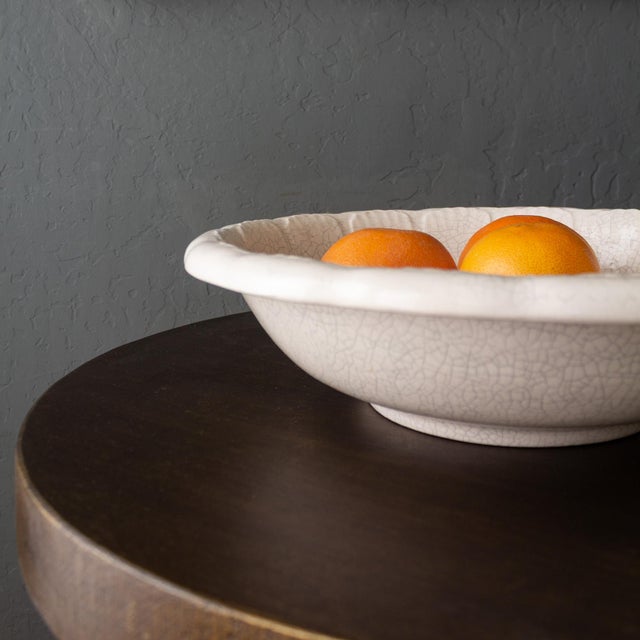 Ceramic White Oversized Studio Pottery Bowl With Scalloped Rim and Crackle Glaze For Sale - Image 7 of 14