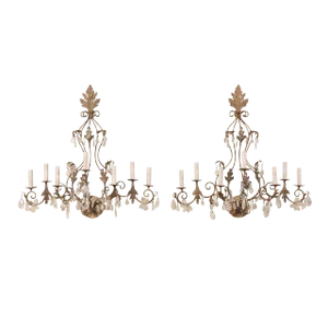 Mid-Century Seven-Light Crystal and Iron Sconces With Leaf Crest Tops - a Pair