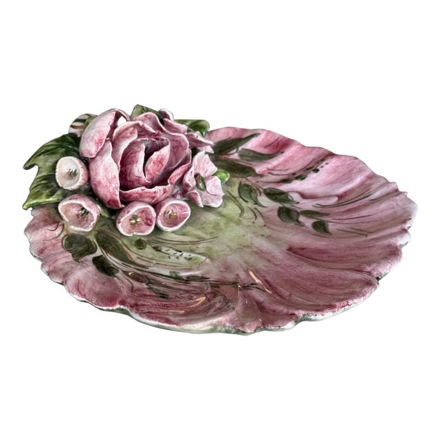 LastChance!Hand Painted Floral Shell Motif Trompe L’Oleil Trinket Tray or Vide Poche - California For Sale
