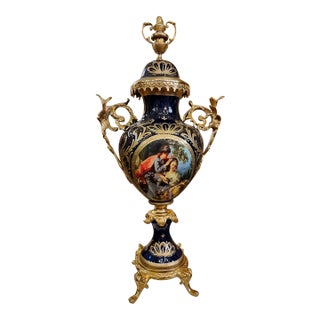 French Porcelain Vase – Blue Romantic Couple With Gold Leaf & Bronze Details For Sale