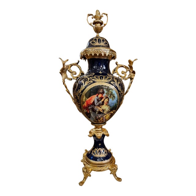 French Porcelain Vase – Blue Romantic Couple With Gold Leaf & Bronze Details For Sale