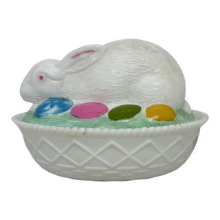 Vintage Milk Glass Easter Bunny Rabbit Covered Painted Candy Trinket Dish & Lid For Sale