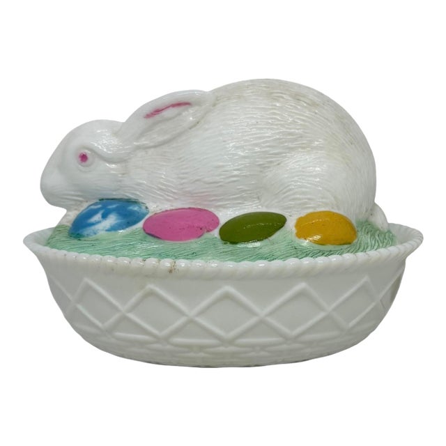 Vintage Milk Glass Easter Bunny Rabbit Covered Painted Candy Trinket Dish & Lid For Sale