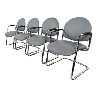 Vintage Modern Steelcase Chrome Tube Cantilever Base & Gray Faux Leather Chairs Set of 4 For Sale