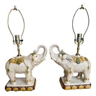 Vintage Hollywood Regency Ceramic Elephant Table Lamps - Chinoiserie Style - a Pair For Sale