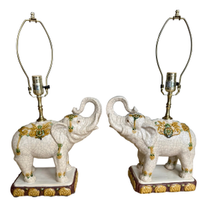 Vintage Hollywood Regency Ceramic Elephant Table Lamps - Chinoiserie Style - a Pair