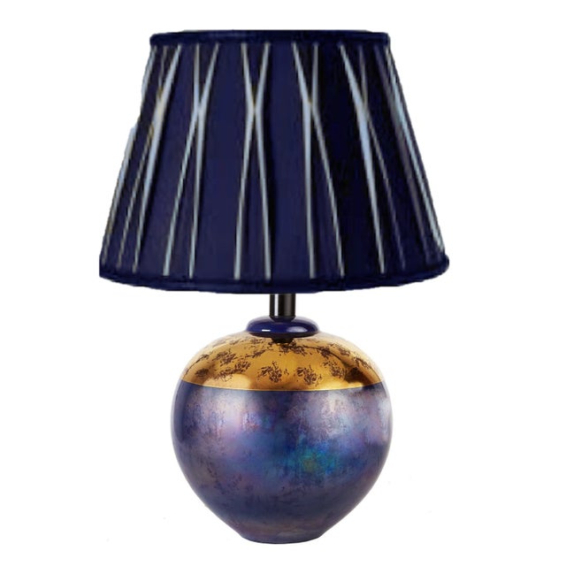 Blue Pair Round Blue and Gold Iridescent Table Lamps | by Casual Lamps 1980 For Sale - Image 8 of 11