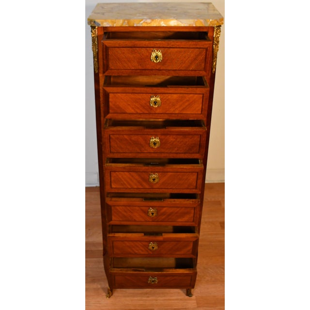 1920s Antique French Louis XV Walnut Satinwood Inlay & Marble Top Lingerie Stand For Sale - Image 10 of 18