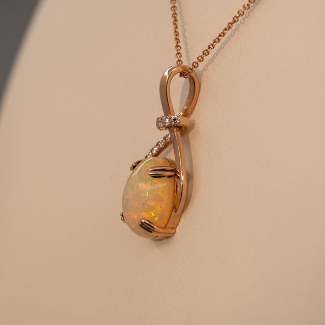2020s Ethiopian Opal Pendant With Natural Diamond Accents in Solid 14k Gold, 10x8mm For Sale - Image 5 of 7