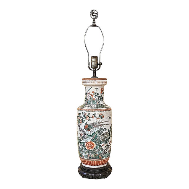 Vintage Chinese Famille Verte Style Porcelain Table Lamp With Hand Painted Birds & Peonies For Sale
