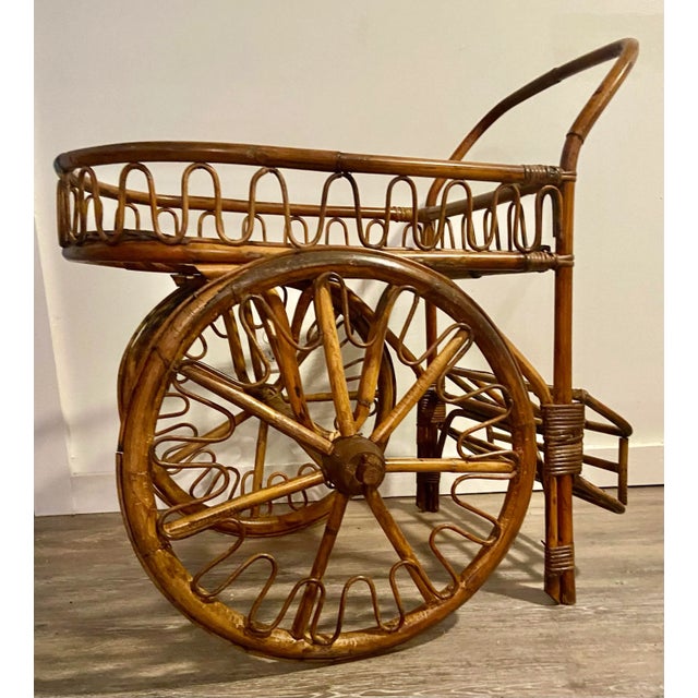 Adrien Audoux and Frida Minet French Riviera Rattan Bar Cart Audoux & Minet 1950s For Sale - Image 4 of 11
