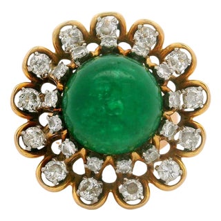 French 6.00 Carat Emerald Diamond 18k Yellow Gold Double Halo Ring, Size 5.5 For Sale