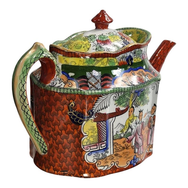 Patent Ironstone New Oval Teapot with Red Scale Conversation Decor, 1820-1830 For Sale - Image 6 of 12