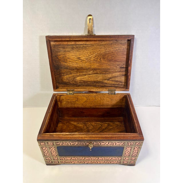 Vintage Indian Hand Made Wood & Mixed Metal Bound Hammered Copper & Brass Box For Sale - Image 4 of 9