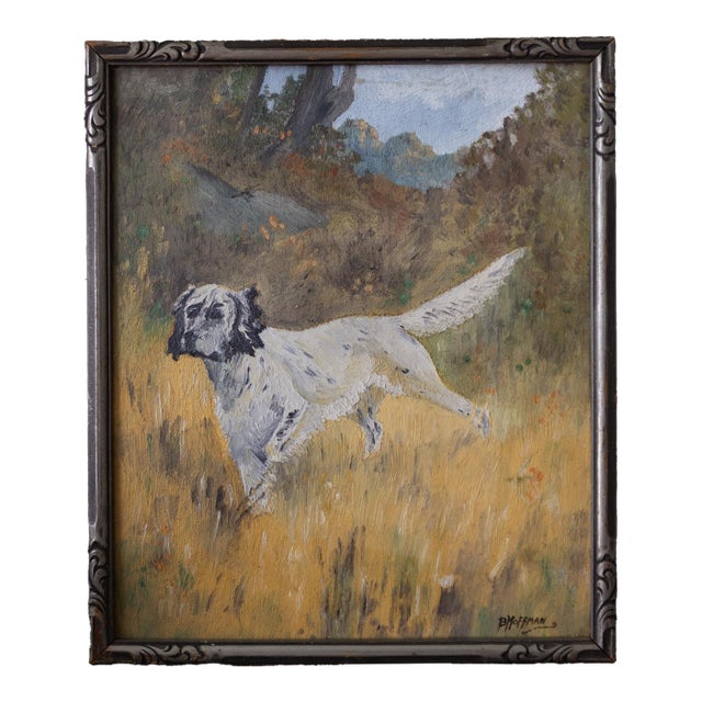 Painting of an English Setter Pointer Hunting Dog in the Field For Sale