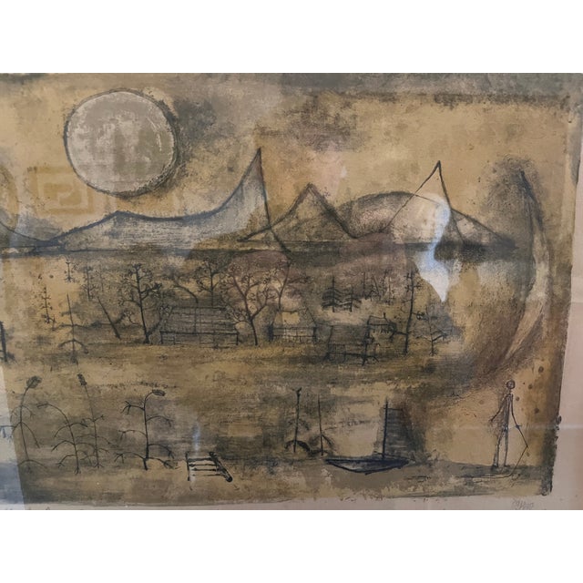 This lithograph captivates with its subtle fusion of abstract and figurative elements, evoking a serene and sunlit scene...