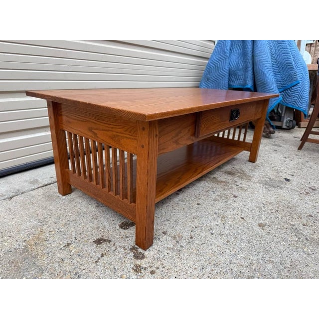 Arts and Crafts Style Solid Oak Oak 2 Tier Coffee Table With Drawer by CVW Amish Furniture Builder. For Sale - Image 4 of 12